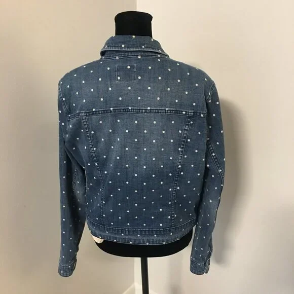 ELLE Blue Jean Denim White Polka Dot Jacket Front Pockets Women's Size Medium - Picture 3 of 8